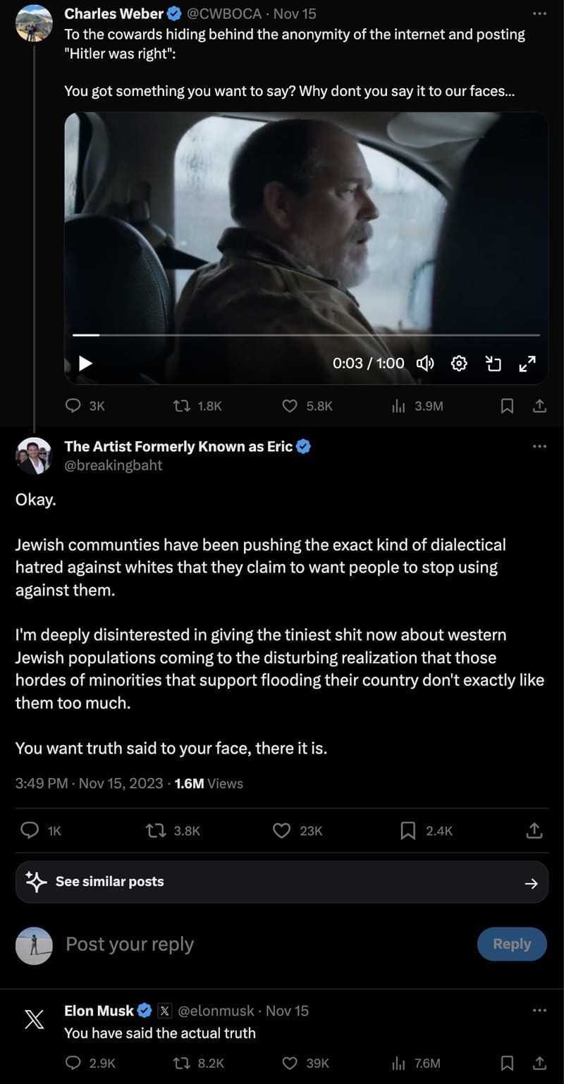 Réponse de Musk surun post sur les « communautés juives »